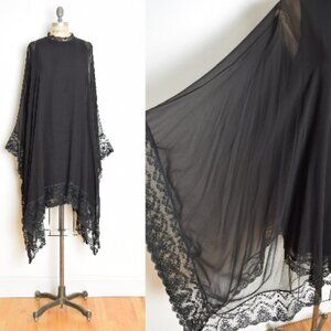 vintage 70s dress black silk caftan lace draped grecian disco poncho midi M